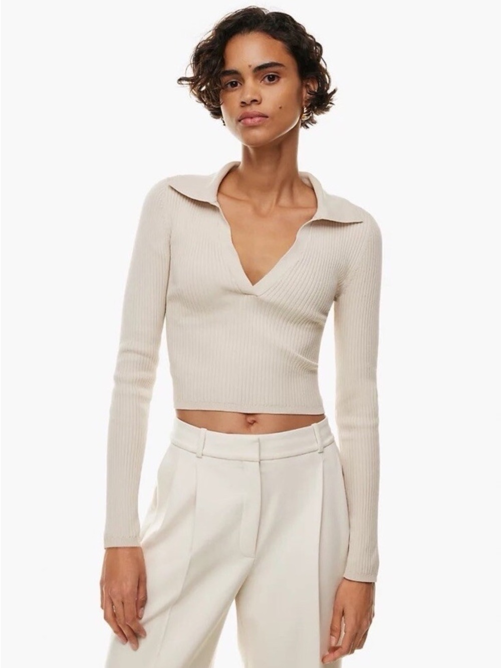 Aritzia Babaton Sculpt Knit Polo Longsleeve Matte Pearl Size S